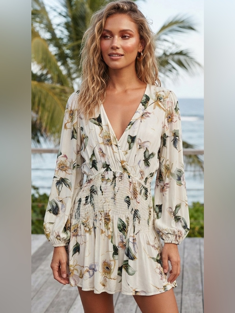 Shore Floral Smocked Waist Mini Dress Size XS